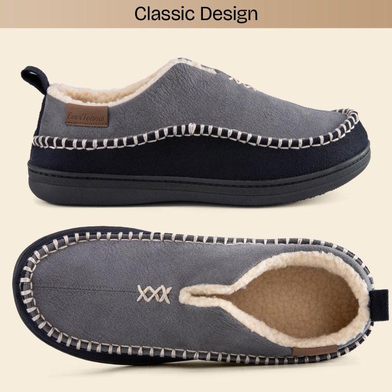 EverFoams Men's Moccasin Slippers Memory Foam Indoor/Outdoor Warm Suede House Shoes with Fuzzy Sherpa Lining (Gray, Size 9 M US) - Image 3